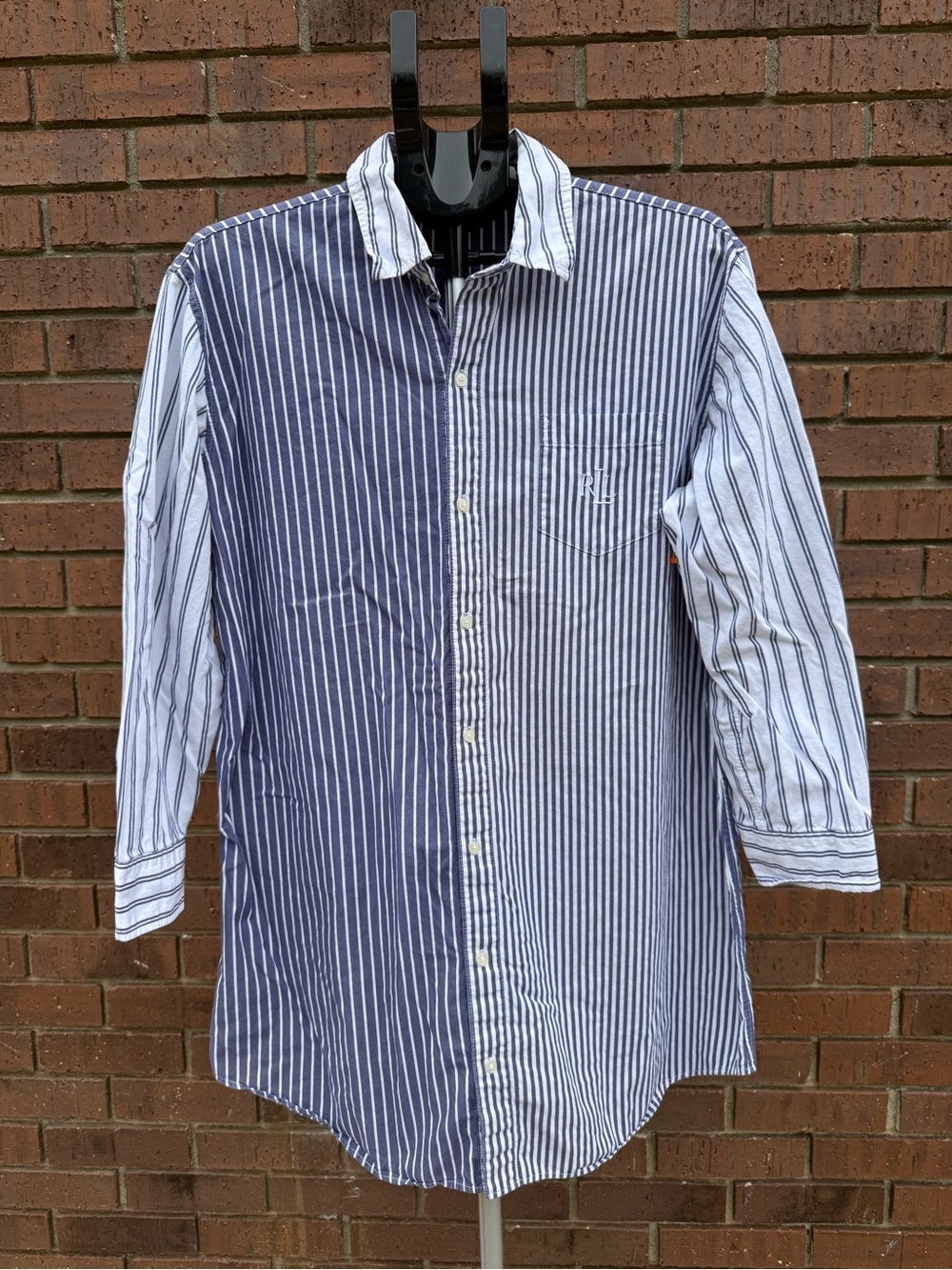 Ralph Lauren LRL Blue White Colorblock Stripe Button Down Nightshirt Women Large